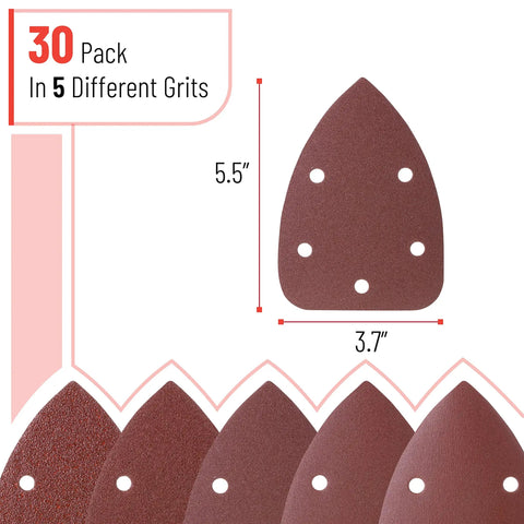 Mouse Detail Sander Sanding Pads Set With 30 Sheets In 5 Grits 40 80 120 180 240 For Palm Sander dimensions shown