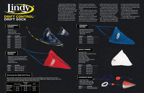 Various sizes and models of drift socks for fishing boats and kayaks with specifications visible, including 60 Inch Drift Sock.