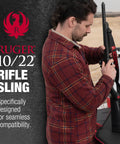 Built Tough Heavy Duty Two Point Tactical Rifle Sling With Quick Detach Swivels rated for five hundred pounds, shown in use.