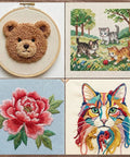 Various embroidery projects including bear punch needle, kitten cross-stitch, floral embroidery, and colorful cat design.