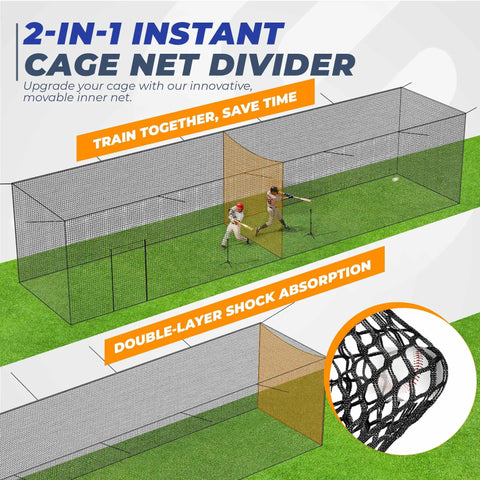 Two-lane Batting Cage Net 35x12x12 Ft with 2 in 1 Movable Inner Net for Solo or Team Hitting Training, removable divider shown