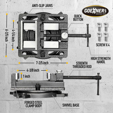 Bench Vise Built Tough As Nails In Forged Steel, 4-1/4 Inch Capacity Drill Press Vise with 4-3/8 Inch Jaw Opening and Swivel Base