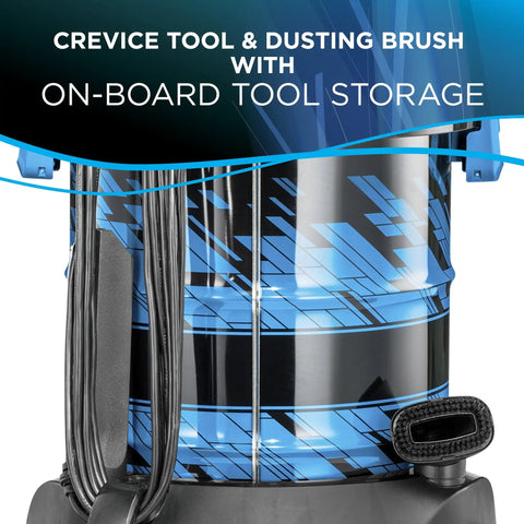 Power Clean Wet Dry Garage Vacuum Cleaner with 11 Amp Motor showing crevice tool and onboard storage close-up
