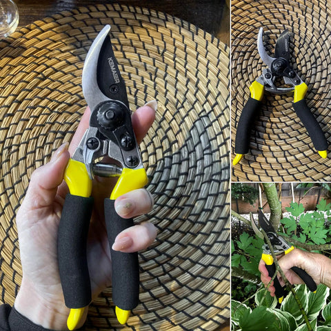 Close-up of Pro Grade Pruning Shears For Gardening With Non Slip Ergonomic Handles And Blade Cover Sharp Garden Clippers