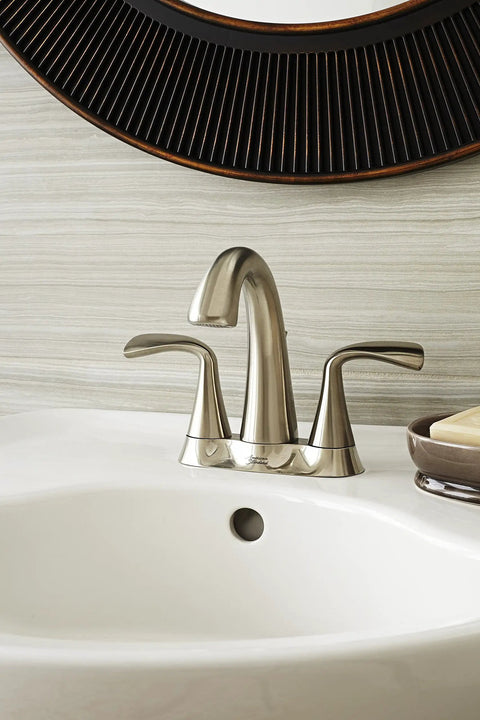 4 Inch Centerset Bathroom Faucet With Speed Connect Drain Satin Nickel Finish Brass Spout Ceramic Disc Valve Metal Lever Handles