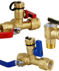 3/4 Inch IPS Tankless Water Heater Isolation Kit with brass construction, hot and cold valves, ball valve, and pressure relief valve