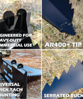 Industrial Grade Stump Bucket Attachment For Skid Steer With Serrated Edge And AR400 Tip Heavy Duty Root Grapple For Tree Stumps Digging Footings Soil Prep Tree Scoop Digger Root Ripper showing close-up of AR400 tip and serrated edge with universal mounting.
