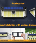 Breezy Outdoor Solar Flood Lights Led 4200 Lumen Waterproof with 300 Degree Wide Angle and 3 Lighting Modes Motion Sensor 2 Pack shown with installation options and dimensions