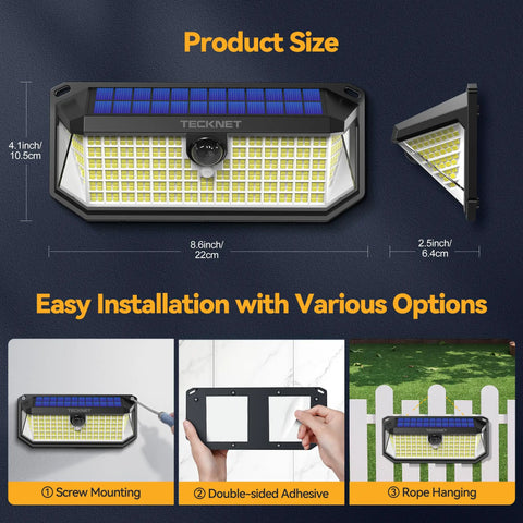 Breezy Outdoor Solar Flood Lights Led 4200 Lumen Waterproof with 300 Degree Wide Angle and 3 Lighting Modes Motion Sensor 2 Pack shown with installation options and dimensions