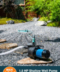1.5HP Grab And Go Portable Garden Booster Pump With Prefilter, shown in garden setting for water transfer, 1200GPH, 151Ft lift.
