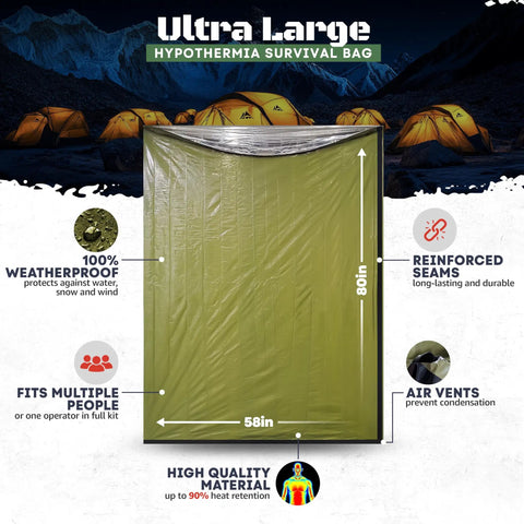 Ultra Large Waterproof Emergency Sleeping Bag For Survival And Hypothermia Prevention Lifesaver Multi Person Bivvy Sack shown in green.