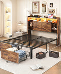 Queen Farmhouse Bed Frame In Rustic Brown Features Four Deep Drawer Storage And Open Bookshelf Headboard With Smart Led Lights Plus Dual Usb Charging Port Backed By Sturdy Metal Slats To Skip Box Springs For Real Zero Hustle Setup in a cozy bedroom setting with dimensions.
