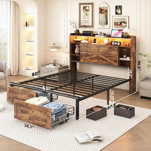 Queen Farmhouse Bed Frame In Rustic Brown Features Four Deep Drawer Storage And Open Bookshelf Headboard With Smart Led Lights Plus Dual Usb Charging Port Backed By Sturdy Metal Slats To Skip Box Springs For Real Zero Hustle Setup in a cozy bedroom setting with dimensions.