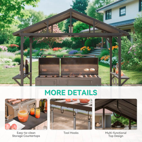 Hardtop Outdoor BBQ Grill Gazebo With Bar And Tool Hooks, Waterproof Sloped Roof in garden setting with grill and accessories
