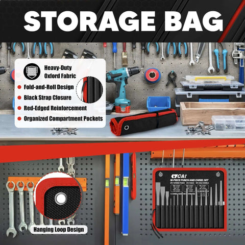 Storage bag for Sixteen Piece Punch And Chisel Set showcasing heavy-duty fabric and tool organization.