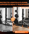 Comparison of a gym setup with floor damage and Thick 0.56 Inch Interlocking Gym Flooring Mats With Rubber Top For Home Gym 12 Pieces.
