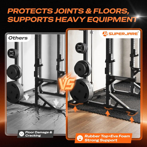 Comparison of a gym setup with floor damage and Thick 0.56 Inch Interlocking Gym Flooring Mats With Rubber Top For Home Gym 12 Pieces.