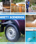 Collage showing Turbo Pressure Washer Nozzle Rotating Jet For 4000 PSI Power Cleaning on various surfaces: driveway, fence, patio, vehicle, pool.