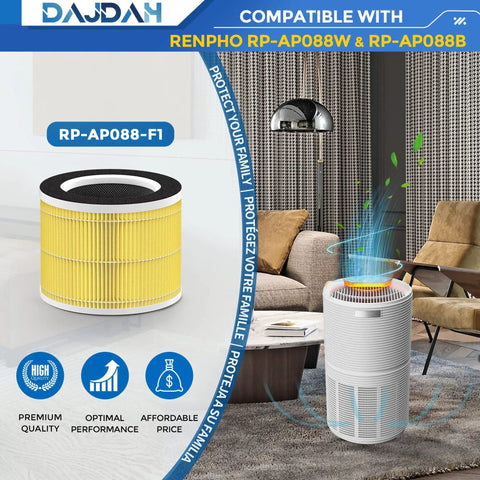 Pet Allergy Ready Replacement Filter For RP-AP088 Air Purifier True HEPA H13 with Activated Carbon shown next to air purifier.