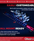 Aluminum Socket Organizer Rail Kit, 3 Piece Red Set For One Half Inch, Three Eighth Inch, And One Quarter Inch Drives, wall-mount features.