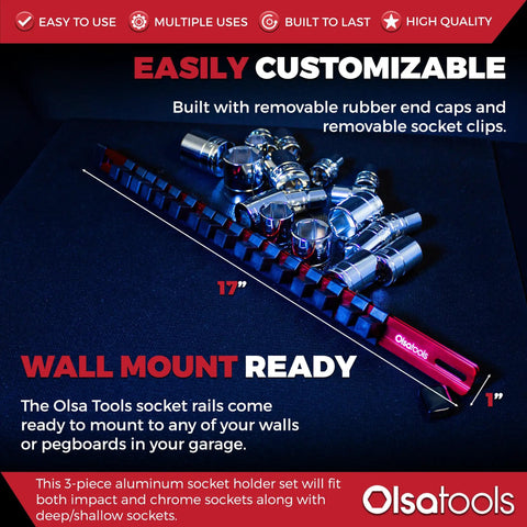 Aluminum Socket Organizer Rail Kit, 3 Piece Red Set For One Half Inch, Three Eighth Inch, And One Quarter Inch Drives, wall-mount features.