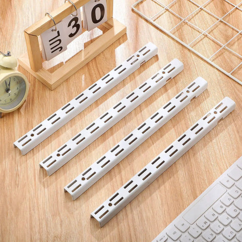 Four Piece Set Of Twelve Inch Dual Track Upright Wall Shelves With Notched Bracket Rail And Heavy Duty Adjustable Brackets for storage.