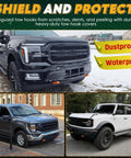 Tow Hook Cover Kit For Ford F150 And Bronco Models 2004-2026 With Tremor Orange Silicone Rubber Upgrade shown on parked vehicles