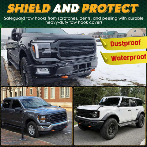 Tow Hook Cover Kit For Ford F150 And Bronco Models 2004-2026 With Tremor Orange Silicone Rubber Upgrade shown on parked vehicles
