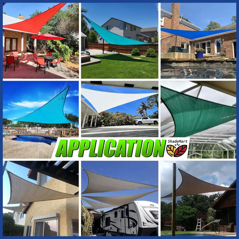 Collage of Beige Triangle Shade Sail Canopy 20 Ft Per Side UV Block Water Permeable HDPE Fabric in various outdoor settings.