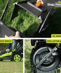 40V Brushless Cordless Lawn Mower with 45L grass bag, oversized wheels, and steel cutting blade shown in detail