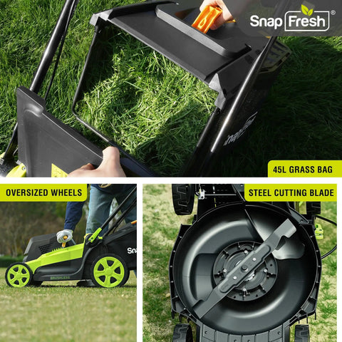40V Brushless Cordless Lawn Mower with 45L grass bag, oversized wheels, and steel cutting blade shown in detail