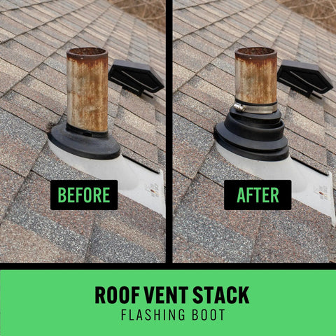 Before and after installation of 2 Pack Roof Collar Repair Boots For 1.5 To 2 Inch Vent Pipes With Silicone Sealant Included DIY Friendly Flexible Thermoplastic Rubber Roof Vent Flashing Collar Quick Leak Fix For Existing Roof Boots USA Made