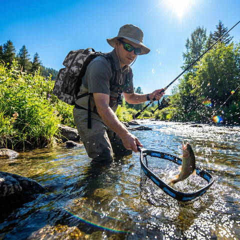 Angler using All In One Fishing Gear Kit With Telescopic Rod And Reel Net Tackle Box Rod Holders And Backpack catching fish in stream