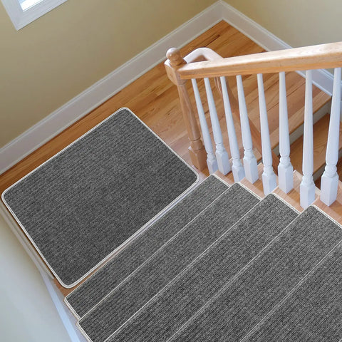 Stair Tread Carpet Runner Set With Adhesive Backing And Nonskid Grip For Easy Install 14 Plus 1 Pieces on wooden stairs, grey color