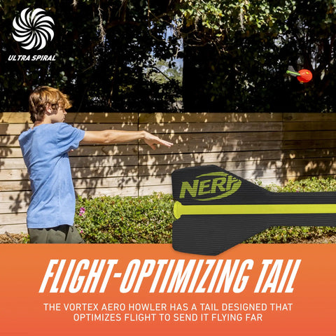 A person throwing a Vortex Aero Howler Foam Football With Mega Distance Passes Flight Tail in a backyard.