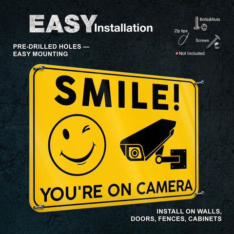 Smile Youre On Camera Signs 10x7 Outdoor Aluminum Notice Signs Single Sided Two Pack for wall mounting with pre-drilled holes