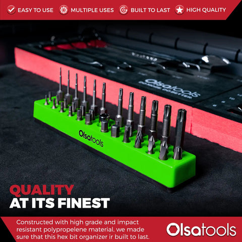 Magnetic Hex Bit Organizer Tray with Green Base Holds 37 One Quarter Inch Bits, showcasing bits neatly arranged, strong ferrite magnet design.