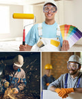 Collage of workers wearing Anti Fog Safety Goggles With Impact Resistant Lenses ANSI Z87.1 Certified for various tasks