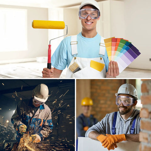 Collage of workers wearing Anti Fog Safety Goggles With Impact Resistant Lenses ANSI Z87.1 Certified for various tasks