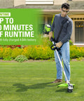 Heavy Duty Cordless String Trimmer With Brushless Motor 16 Inch Weed Whacker used on lawn with up to 80 minutes runtime in residential yard.