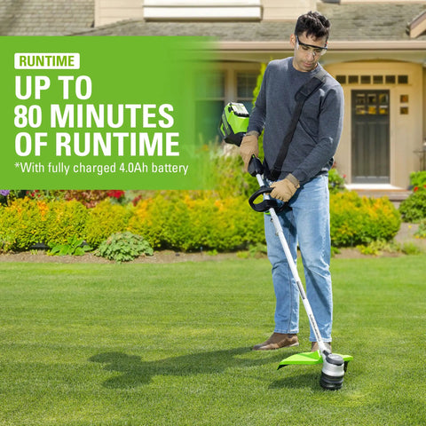 Heavy Duty Cordless String Trimmer With Brushless Motor 16 Inch Weed Whacker used on lawn with up to 80 minutes runtime in residential yard.