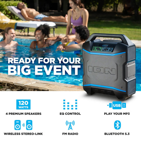 Block Rocker Kickin Portable Bluetooth Outdoor Party Speaker With Karaoke Microphone, 120W Power by a pool