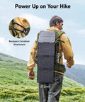 Solix PS30 Foldable 30W Solar Panel Charger attached to backpack with carabiner, showing IP65 weatherproof build for hiking.