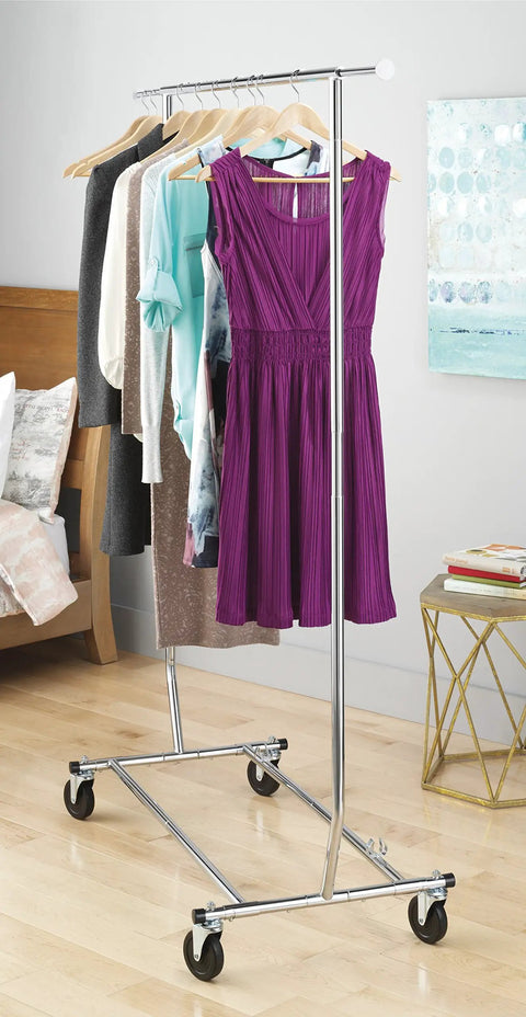 Hella Sturdy And Kickass Heavy Duty Chromed Steel Clothing Rack With Smooth Rolling Wheels Adjustable Width And Super Quick Fold Design For Hassle Free Closet Storage