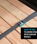 CamJam Tie Down Straps Pack of 2, Heavy Duty 6 Ft shown securing wooden planks with cam buckle, 700 LB Working Load Limit visible