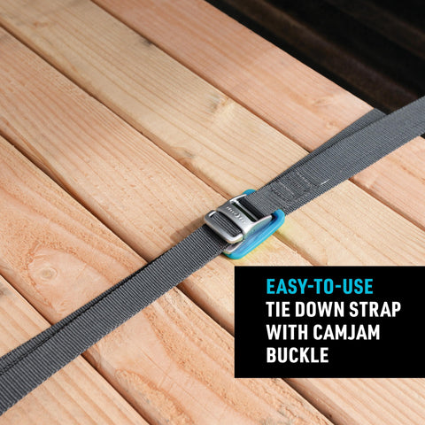 CamJam Tie Down Straps Pack of 2, Heavy Duty 6 Ft shown securing wooden planks with cam buckle, 700 LB Working Load Limit visible