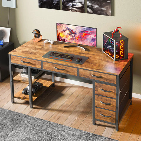 47 Inch Rustic Brown Corner Desk With Six Fabric Drawers And Shelves, Reversible Gaming And Office Desk With PC Setup