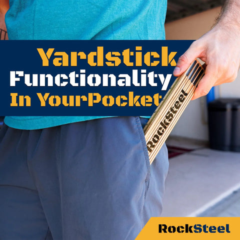 Person placing Folding Ruler With Brass Slide Rule For Carpenters And Tradesmen in pocket, text 'Yardstick Functionality In Your Pocket'