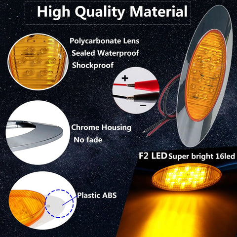 6.6 Inch Oval Amber LED Side Marker Lights Kit For Truck Trailer RV Van And Pickup Waterproof Chrome Surface Mount