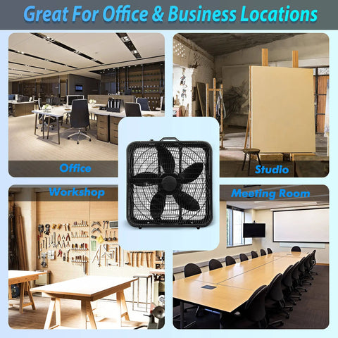 20 Inch Box Fan With Carry Handle 3 Speed Full Force Air Circulation Floor Fan For Home Bedroom Or Office High Performance Airflow Fifteen Feet Per Second Keeps Big Rooms Cool Fast displayed in various work settings.
